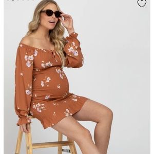 Camel Floral Long Sleeve Smocked Maternity Mini Dress
